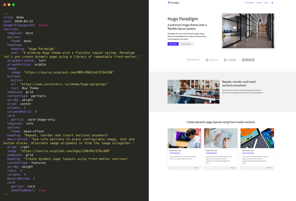 Markdown view of homepage, showing sections in the front-matter